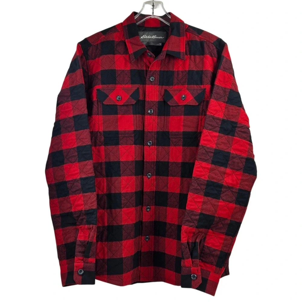 Eddie Bauer Woodland Shirt Jac Mens M Tall Quilted Buffalo Plaid Flannel Jacket